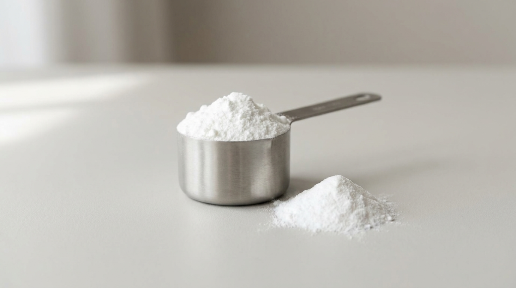 A scoop of white creatine monohydrate powder