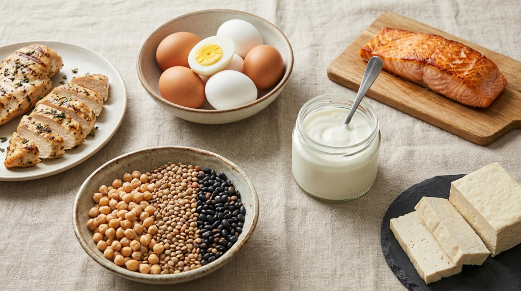 Variety of high-protein foods including chicken, eggs, salmon, yoghurt, and legumes arranged on a neutral surface