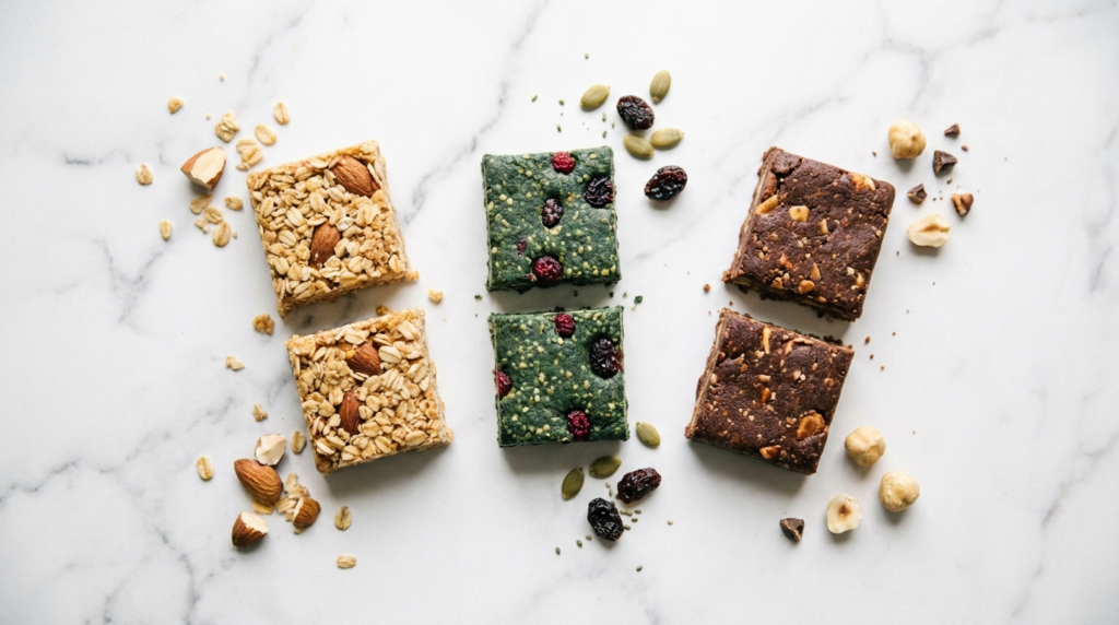 Three protein bars of different sizes arranged on white marble with measuring tape