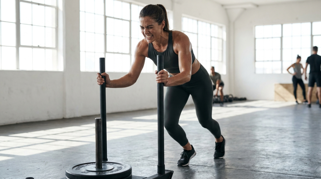 Athlete performing high-intensity interval training with visible effort and muscle engagement