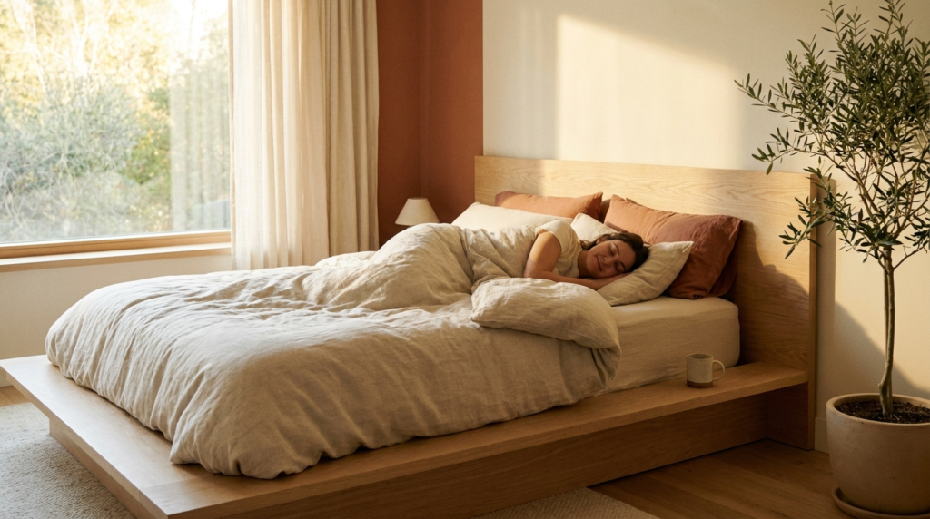 Person sleeping peacefully in bright bedroom at 7 am