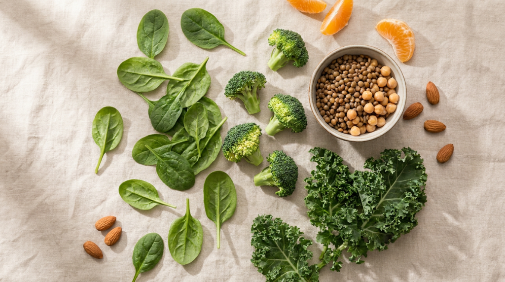 Flat lay of folate-rich foods including spinach, broccoli, lentils, chickpeas an