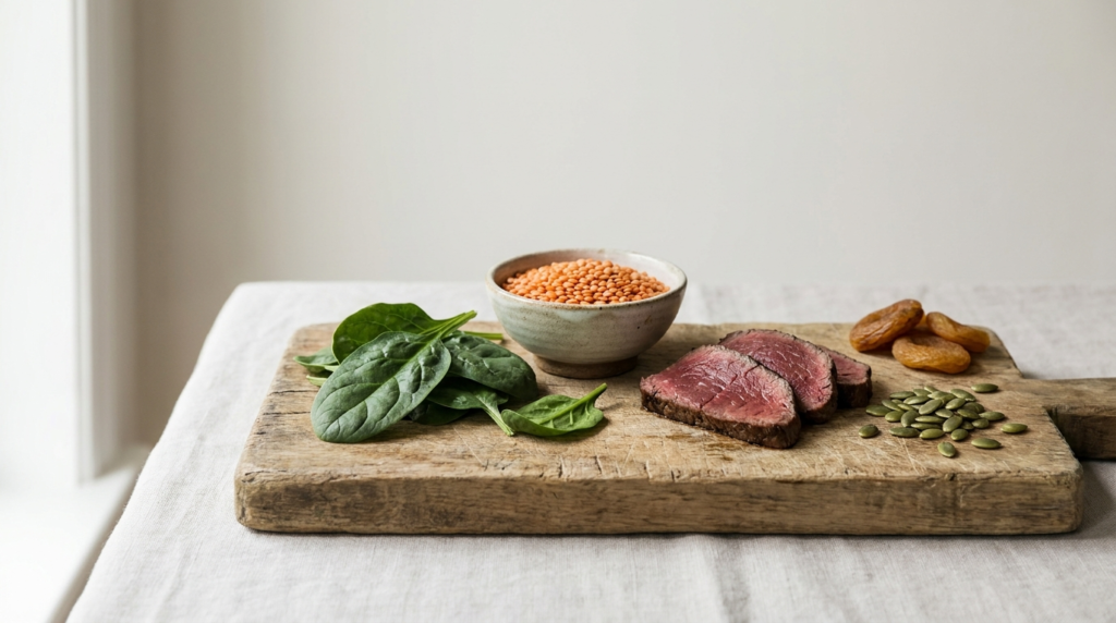 Iron-rich whole foods including spinach, red lentils, lean red meat, pumpkin see