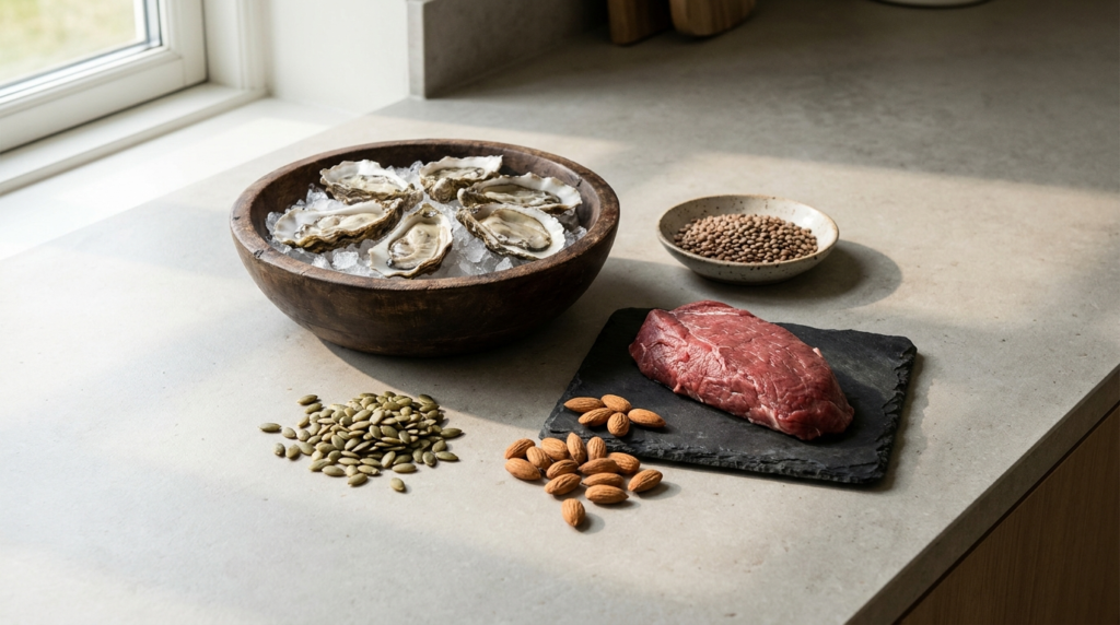 Zinc-rich foods including oysters on ice, red meat, pumpkin seeds, nuts and lent