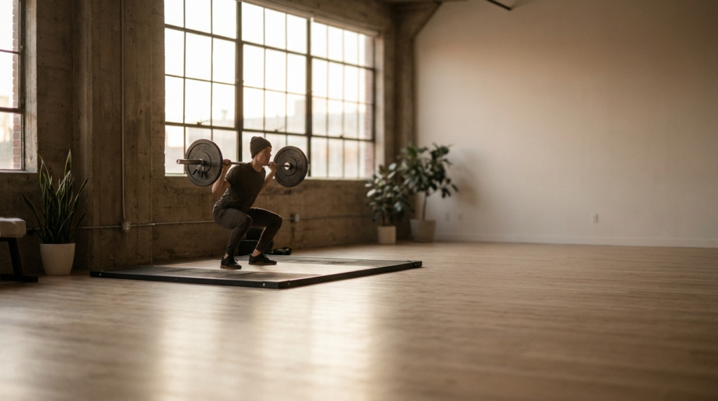 Lean athlete performing a barbell exercise in a bright gym at golden hour