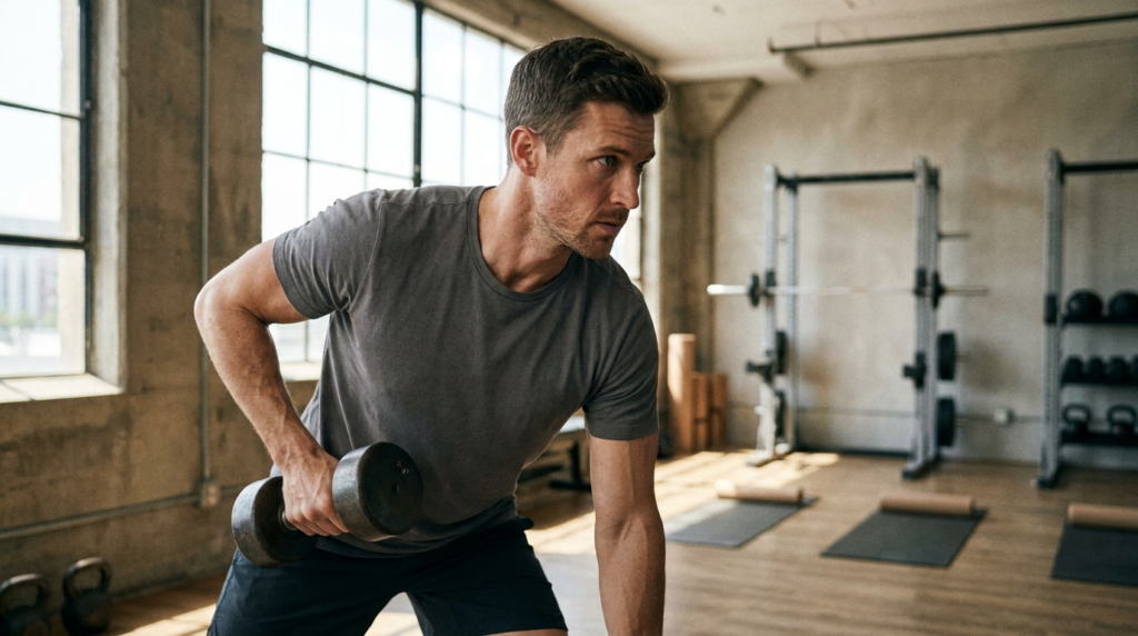 A focused man performing a dumbbell exercise in a bright, clean gym