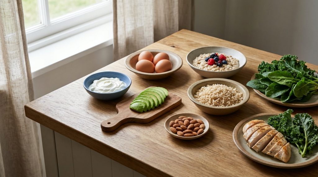 Healthy high-protein and high-fibre wholefoods laid out on a wooden kitchen coun