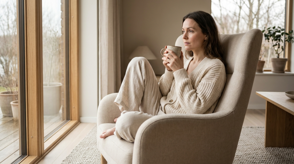 Woman resting by a window with a warm drink in soft morning light