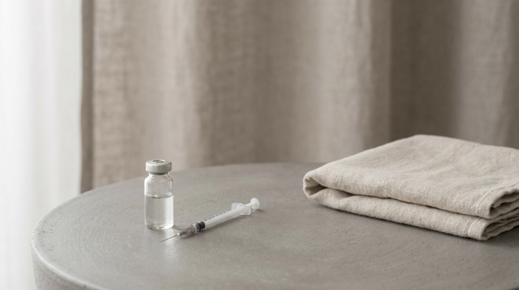 A clear glass vial and a fine syringe on a neutral grey surface beside a folded 
