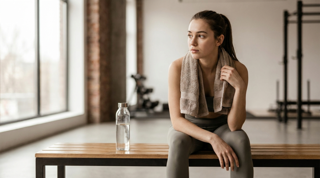 Fit young woman resting on a gym bench with a towel around her neck, looking tir